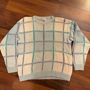 Northern Isles Plaid Knit‎ Sweater Size Medium Light Cream Pullover Long Sleeve